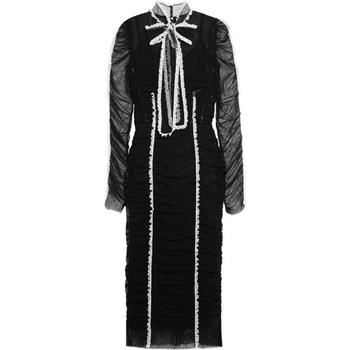 Lace-trimmed stretch-tulle midi dress