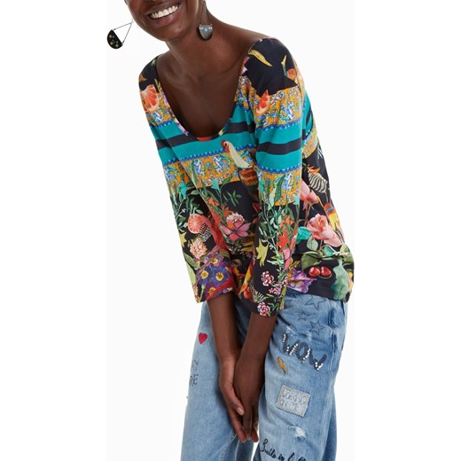 Desigual bluzka damska z okrągłym dekoltem w abstrakcyjne wzory casual z długim rękawem