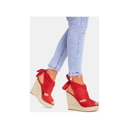 Espadryle damskie czerwone DeeZee eleganckie na obcasie wiązane