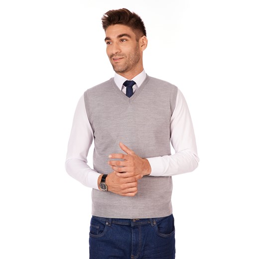 Sweter męski szary Lanieri Fashion z dekoltem w serek