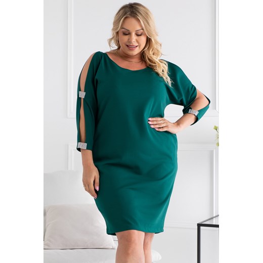 Sukienka na wesele plus size MARTINA kryształki na rękawkach butelkowa zieleń Plus Size karko.pl