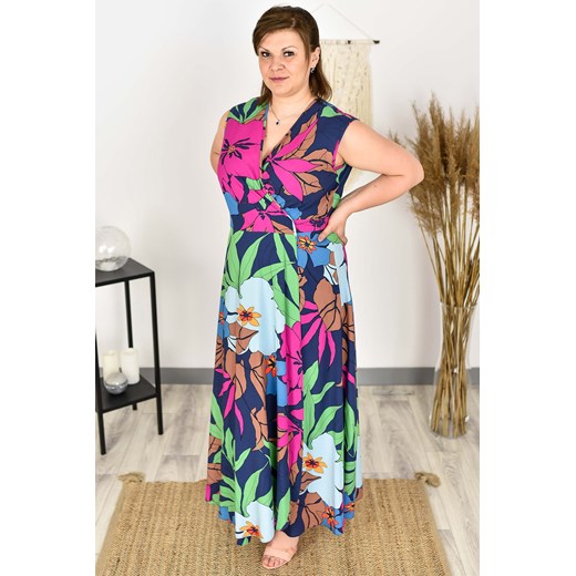 Sukienka kopertowa long FIORELLA kolorowe kwiaty na granacie Karko Plus Size karko.pl