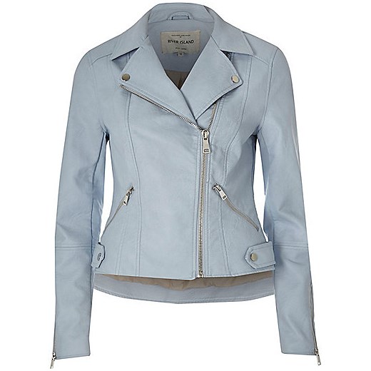 Blue faux leather biker jacket szary River Island