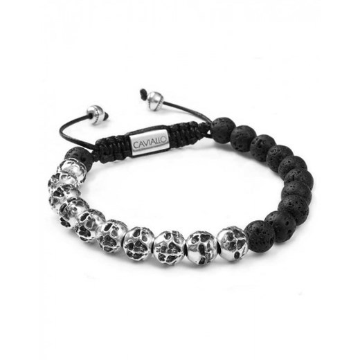 Bransoletka męska shamballa z czarnych kamieni lawa i srebrnych czaszek 8 mm XL