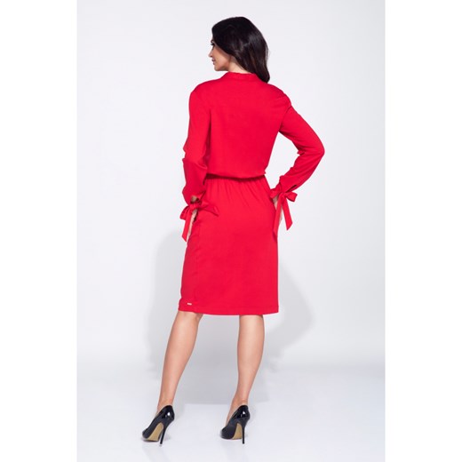 Monochromatyczna sukienka z subtelnym dekoltem wiązaniem przy szyi oraz mankietach Bien Fashion M ptakmoda.com