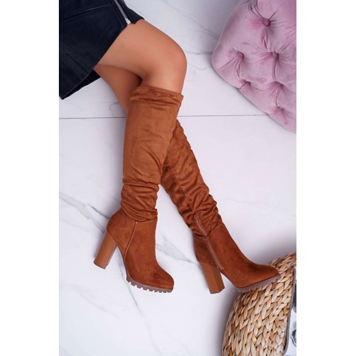 Kozaki Damskie Na Słupku Zamszowe Camel 9KZ35-1494 40 TAGLESS