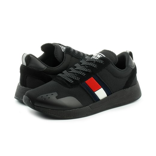 Buty sportowe damskie Tommy Hilfiger sneakersy młodzieżowe płaskie sznurowane czarne bez wzorów z tworzywa sztucznego