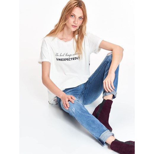 T-shirt damski, z łączonych materiałów, z wydłużonym tyłem, z nadrukiem Top Secret 42 okazja