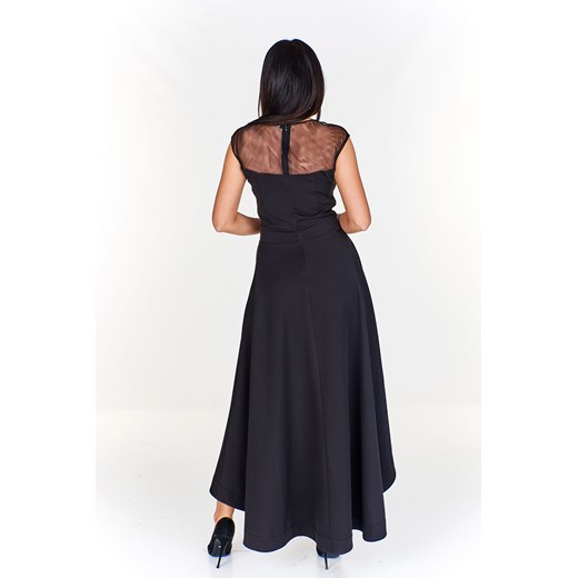 Sukienka Ptakmoda.com czarna z okrągłym dekoltem z tiulu na karnawał midi asymetryczna