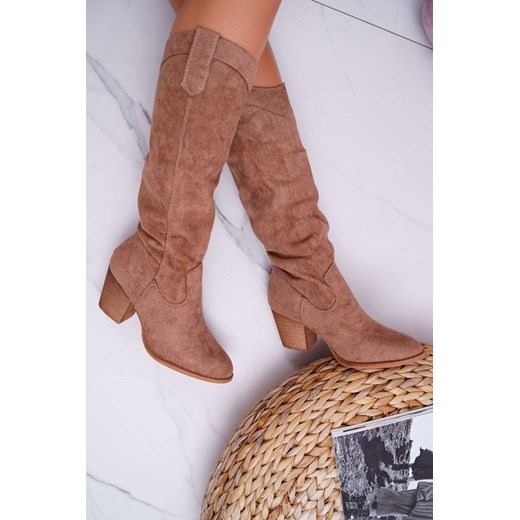 Kozaki damskie Ideal Shoes bez wzorów brązowe eleganckie na słupku z cholewką przed kolano bez zapięcia