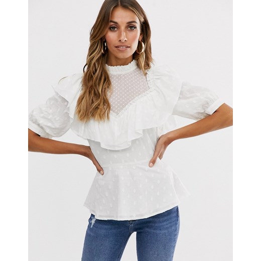 ASOS DESIGN – Top na krótki rękaw z falbanką i ozdobnym dekoltem-Biały
