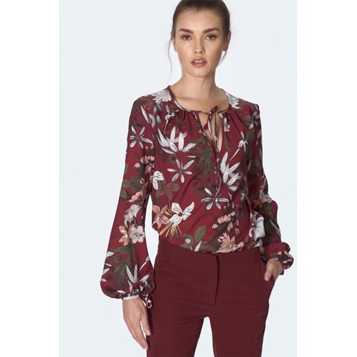 Bordowa bluzka z wiązaniem na dekolcie w kwiaty B127 Flowers/Bordo Nife 44 Bomawika
