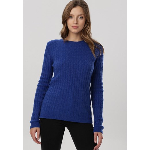 Sweter damski granatowy Born2be casualowy z okrągłym dekoltem
