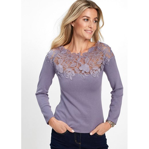 Sweter damski Bonprix z koronką z okrągłym dekoltem
