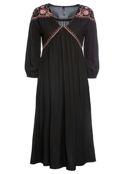 Czarna sukienka Bonprix z długim rękawem trapezowa elegancka z okrągłym dekoltem midi