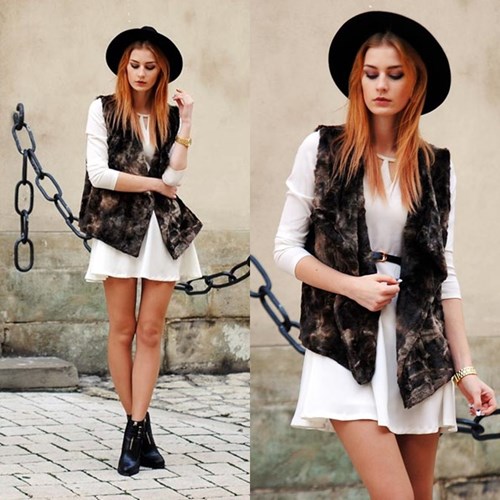 White dress & fur vest