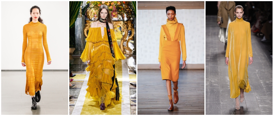 Sukienki damskie w kolorze miodowym z jesienno-zimowych kolekcji Each X Other, Pringle Of Scotland, Roberto Cavalli i Valentino.