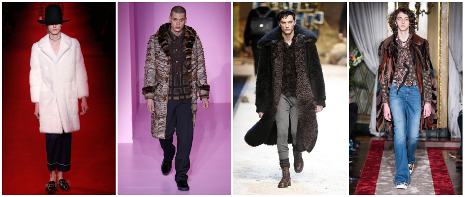 Futra męskie w stylizacjach z jesienno-zimowych kolekcji Gucci, Dolce Gabbana, Givenchy i Roberto Cavalli.