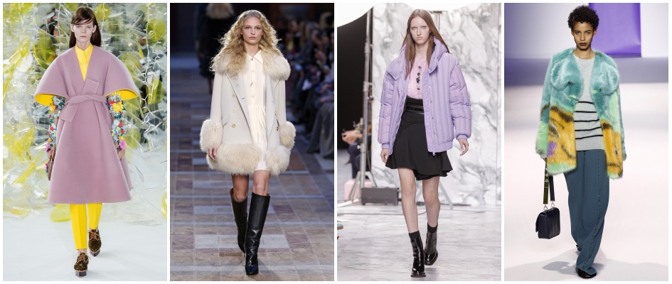 Pastelowy płaszcz damski, kurtka puchowa i futro z jesienno-zimowych kolekcji Delpozo, Carven, Sonia Rykiel.