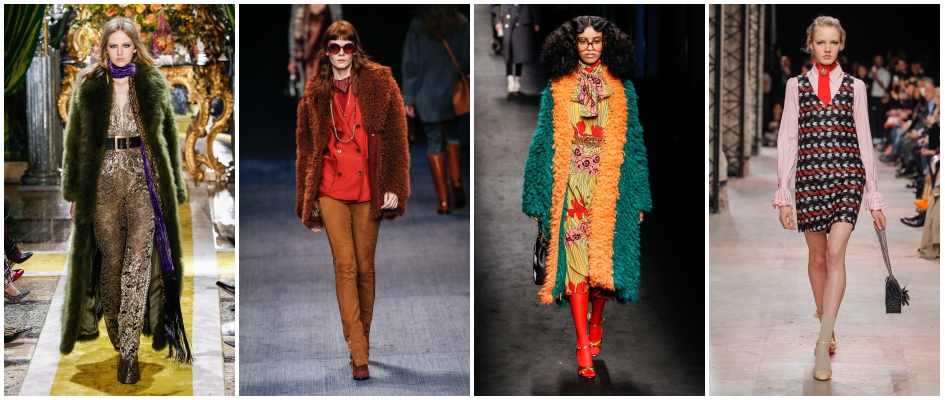 Odzież damska w stylu lat 70. z jesienno-zimowych kolekcji Roberto Cavalli, Trussardi, Gucci i Paul n Joe.