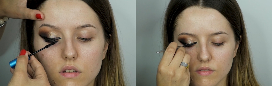 Nałożenie czarnej maskary na rzęsy i doklejenie sztucznych rzęs.