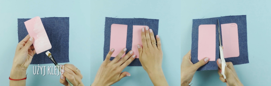 Etui DIY - przyklejenie wyciętych elementów do materiału.