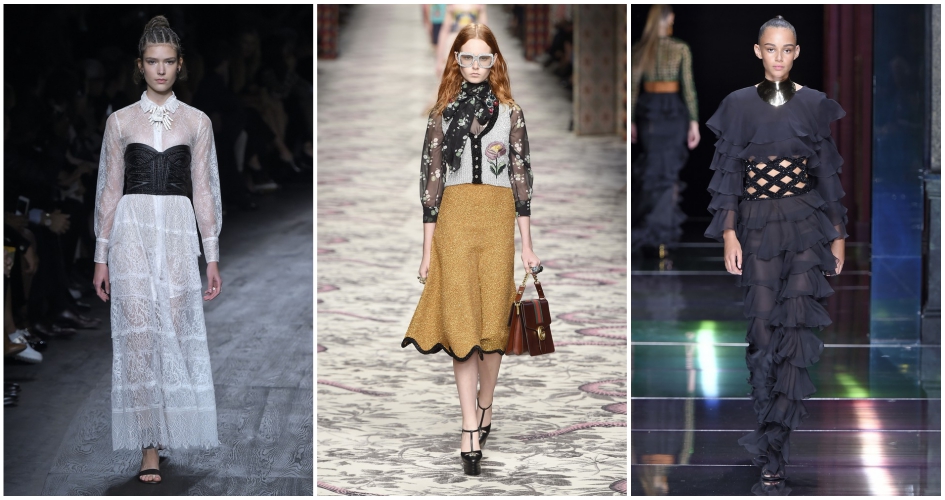 Modelka w koronkowej sukience Valentino, retro stylizacji od Gucci i w czarnym kostiumie z falbanami od Balmain.
