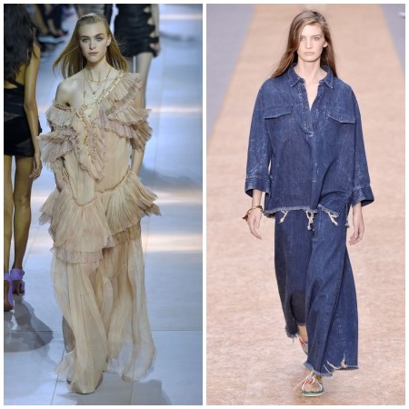 Modelka w beżowej sukience od Roberto Cavalli i jeansowym zestawie z wiosenno-letniej kolekcji Chloe.
