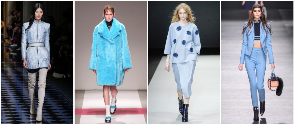 Modelki w jasnoniebieskich stylizacjach z jesienno-zimowych kolekcji na 2016 rok.