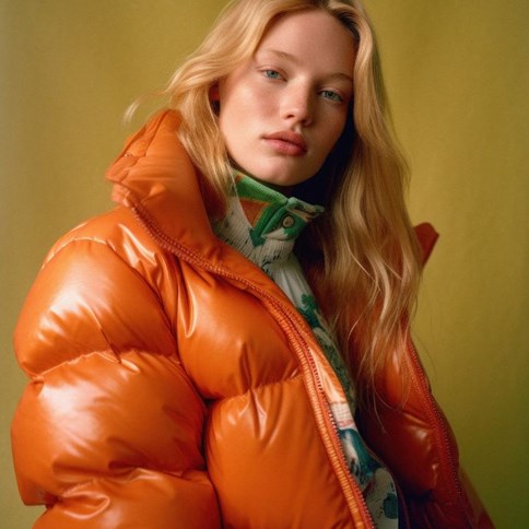Kobieta w pomarańczowej puchowej kurtce