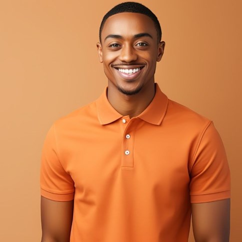 Mężczyzna w pomarańczowej koszulce polo