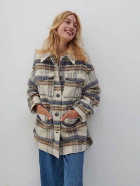 kurtka w kratkę koszulowa wełniana ciepła