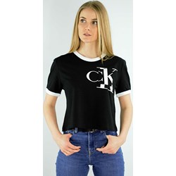 Bluzka damska czarna Calvin Klein z krótkim rękawem bawełniana z okrągłym dekoltem na wiosnę  - zdjęcie produktu
