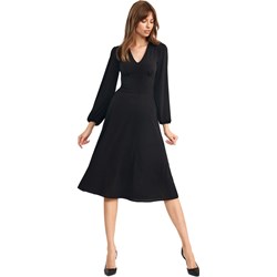 Sukienka Nife czarna z długimi rękawami z dekoltem w serek midi na spotkanie biznesowe z elastanu  - zdjęcie produktu