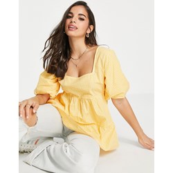 Bluzka damska Influence żółta w serek w kratkę z krótkim rękawem bawełniana  - zdjęcie produktu