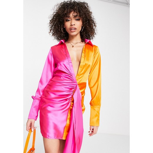 Missguided – Satynowa sukienka mini z marszczonym drapowanym dekoltem w  Asos Poland