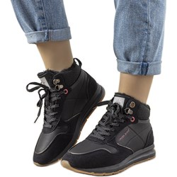 Buty sportowe damskie Cross Jeans sneakersy czarne wiosenne płaskie skórzane sznurowane  - zdjęcie produktu