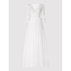 Luxuar Fashion sukienka z długim rękawem tiulowa maxi na ślub cywilny w serek wiosenna  - zdjęcie produktu