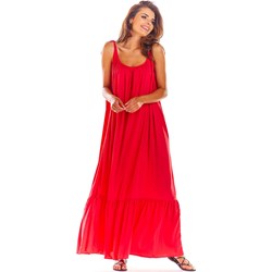 Sukienka AWAMA czerwona w serek luźna maxi na ramiączkach  - zdjęcie produktu