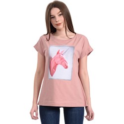 Bluzka damska w stylu młodzieżowym różowa z okrągłym dekoltem  - zdjęcie produktu