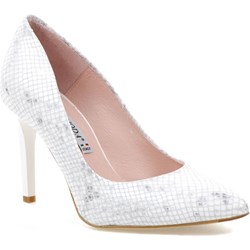 Czółenka Bravo ze szpiczastym noskiem na wysokim obcasie białe na szpilce eleganckie w geometryczne wzory  - zdjęcie produktu