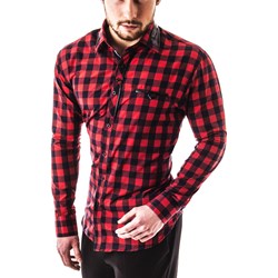 Koszula męska Risardi w kratkę czerwona z elastanu z długimi rękawami  - zdjęcie produktu