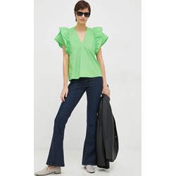 Bluzka damska zielona Tommy Hilfiger z bawełny z dekoltem w serek z krótkim rękawem  - zdjęcie produktu