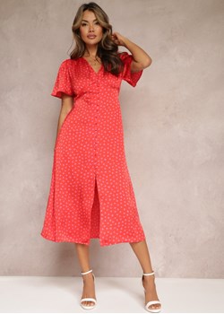 Czerwona Taliowana Sukienka Midi z Gumką w Talii w Kropki Glennta Renee okazja Renee odzież - kod rabatowy