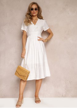 Biała Haftowana Sukienka Midi z Gumkami w Talii i Krótkimi Rękawami Makala Renee wyprzedaż Renee odzież - kod rabatowy