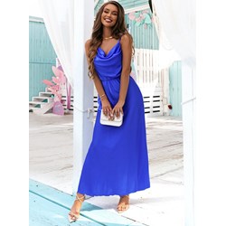 Sukienka niebieska Pakuten z satyny z dekoltem v na ramiączkach maxi  - zdjęcie produktu