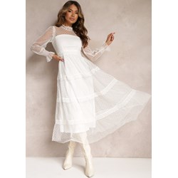 Sukienka Renee biała trapezowa z okrągłym dekoltem midi koronkowa  - zdjęcie produktu
