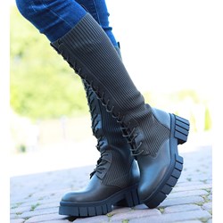 Kozaki damskie szare Pantofelek24 z cholewką przed kolano z tkaniny  - zdjęcie produktu