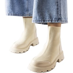 Botki wiosenne beżowe na obcasie eleganckie tkaninowe  - zdjęcie produktu