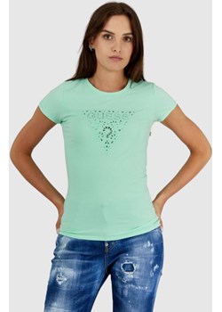 GUESS Zielony t-shirt damski z ażurowym logo, Rozmiar L Guess promocja outfit.pl - kod rabatowy